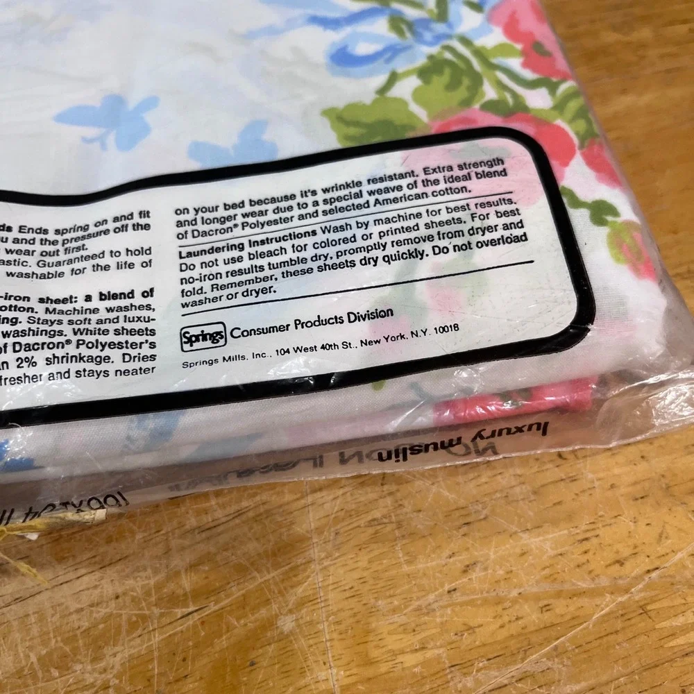 Vtg Pequot Twin Flat Sheet Floral Butterfly Blue Ribbon No-Iron Muslin USA NIP